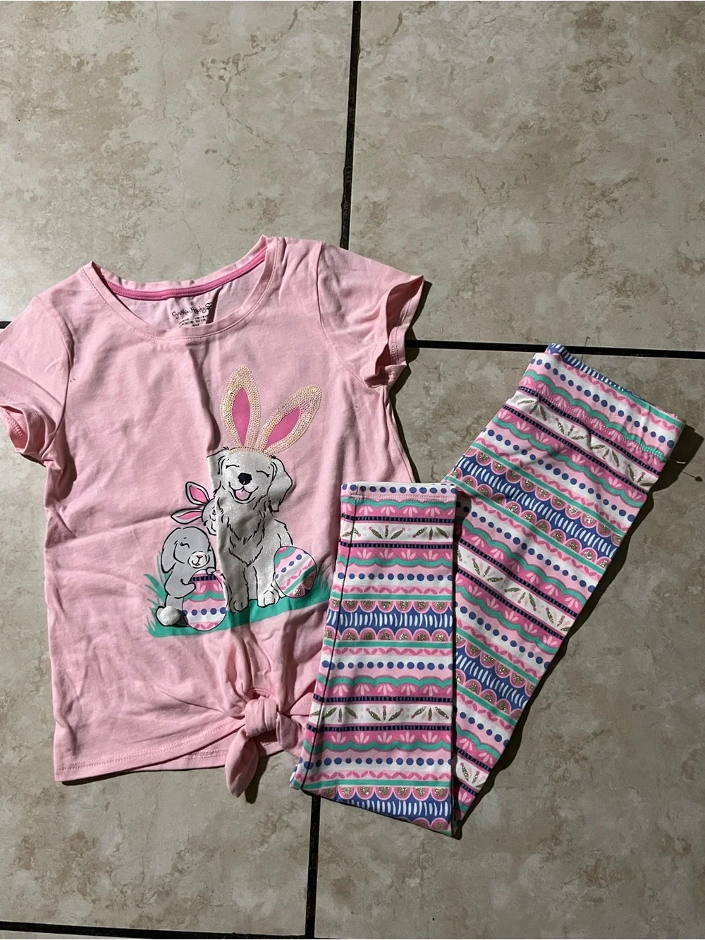 Girls Pink Bunny & Egg Print Set with Patterned Leggings